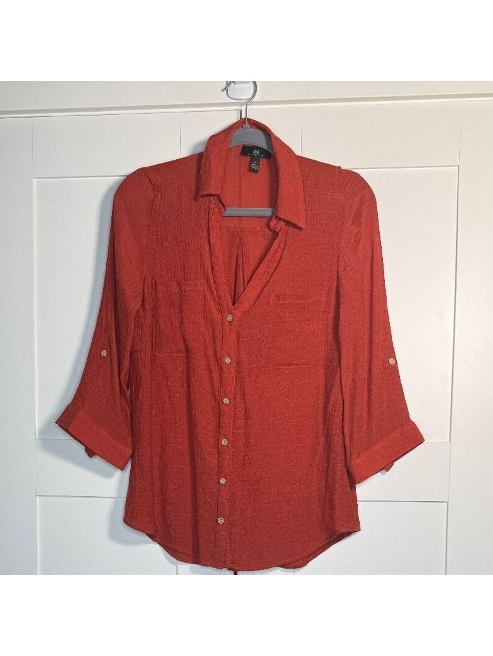 I.N San Fransisco Women's Rust Terracotta Button Front Roll Tab Sleeve Blouse